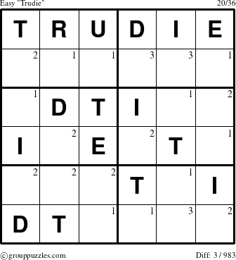 The grouppuzzles.com Easy Trudie puzzle for  with the first 3 steps marked