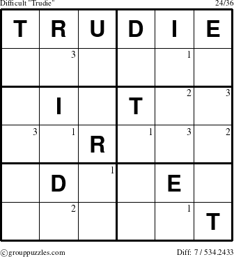 The grouppuzzles.com Difficult Trudie puzzle for  with the first 3 steps marked