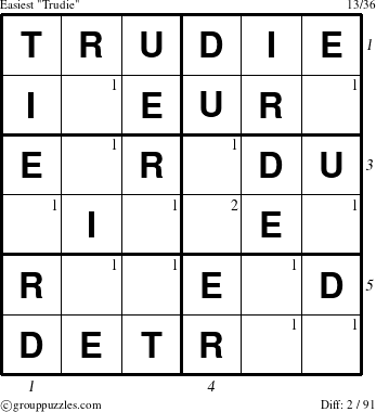 The grouppuzzles.com Easiest Trudie puzzle for  with all 2 steps marked
