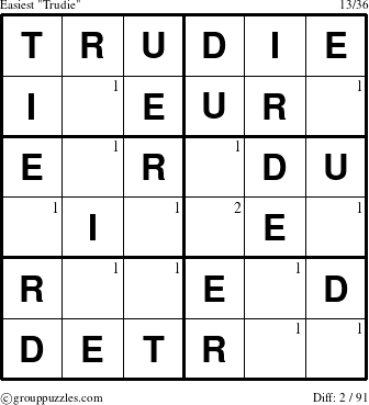 The grouppuzzles.com Easiest Trudie puzzle for  with the first 2 steps marked