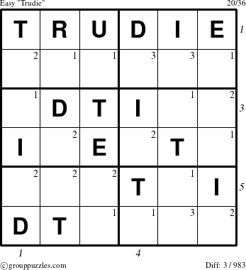 The grouppuzzles.com Easy Trudie puzzle for  with all 3 steps marked