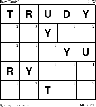 The grouppuzzles.com Easy Trudy puzzle for  with the first 3 steps marked
