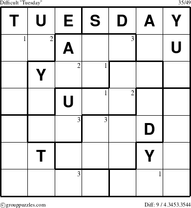The grouppuzzles.com Difficult Tuesday puzzle for  with the first 3 steps marked