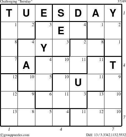 The grouppuzzles.com Challenging Tuesday puzzle for  with all 13 steps marked