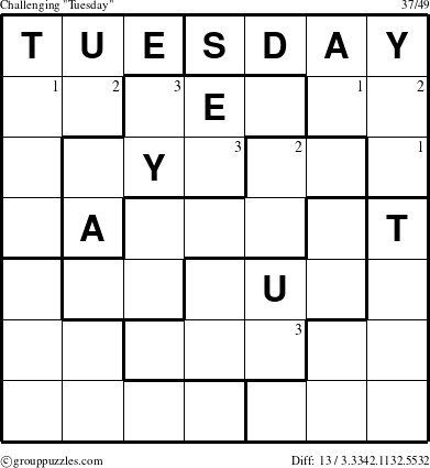 The grouppuzzles.com Challenging Tuesday puzzle for  with the first 3 steps marked