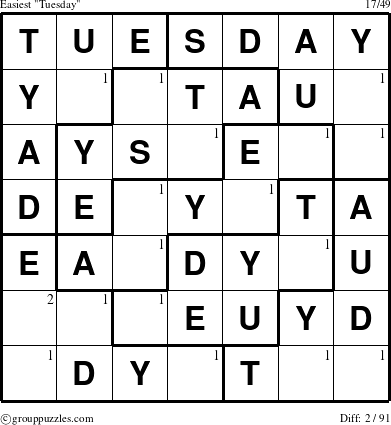 The grouppuzzles.com Easiest Tuesday puzzle for  with the first 2 steps marked
