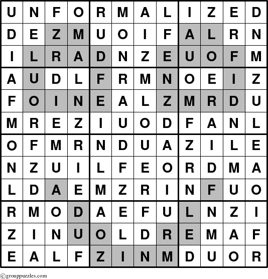 The grouppuzzles.com Answer grid for the Unformalized puzzle for 