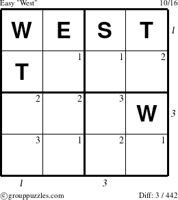 The grouppuzzles.com Easy West puzzle for  with all 3 steps marked