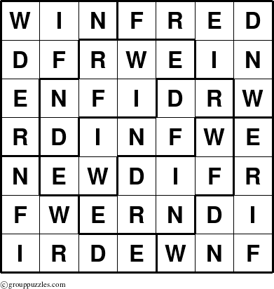 The grouppuzzles.com Answer grid for the Winfred puzzle for 