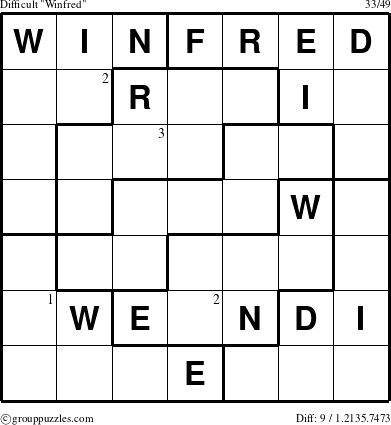 The grouppuzzles.com Difficult Winfred puzzle for  with the first 3 steps marked