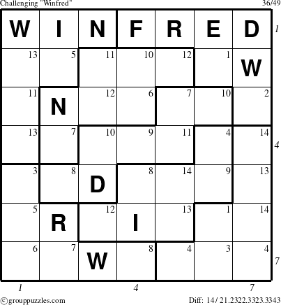 The grouppuzzles.com Challenging Winfred puzzle for  with all 14 steps marked