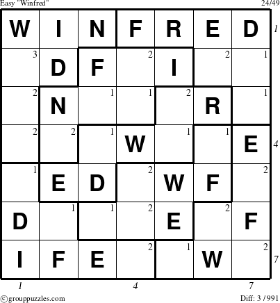 The grouppuzzles.com Easy Winfred puzzle for  with all 3 steps marked