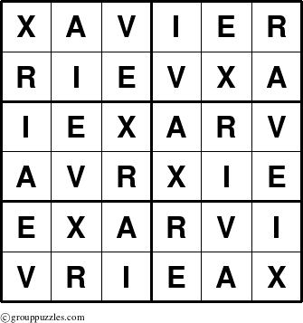 The grouppuzzles.com Answer grid for the Xavier puzzle for 