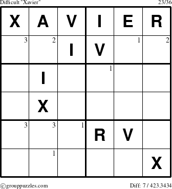 The grouppuzzles.com Difficult Xavier puzzle for  with the first 3 steps marked