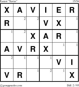 The grouppuzzles.com Easiest Xavier puzzle for  with the first 2 steps marked