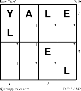 The grouppuzzles.com Easy Yale puzzle for  with all 3 steps marked