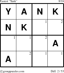 The grouppuzzles.com Easiest Yank puzzle for  with the first 2 steps marked