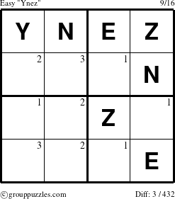 The grouppuzzles.com Easy Ynez puzzle for  with the first 3 steps marked