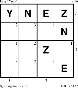 The grouppuzzles.com Easy Ynez puzzle for  with all 3 steps marked