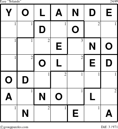 The grouppuzzles.com Easy Yolande puzzle for  with the first 3 steps marked
