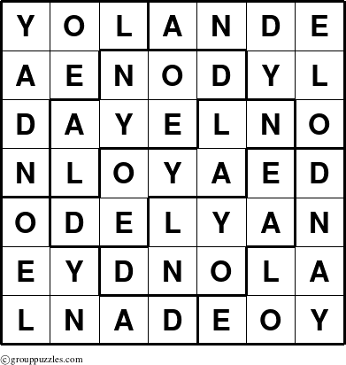 The grouppuzzles.com Answer grid for the Yolande puzzle for 