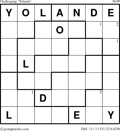 The grouppuzzles.com Challenging Yolande puzzle for  with the first 3 steps marked