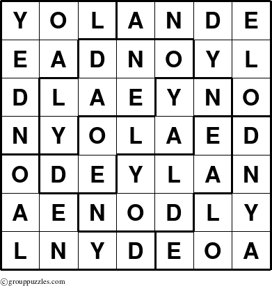 The grouppuzzles.com Answer grid for the Yolande puzzle for 