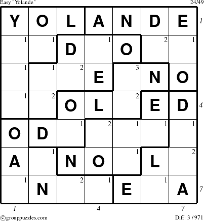 The grouppuzzles.com Easy Yolande puzzle for  with all 3 steps marked