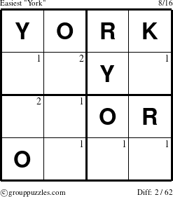 The grouppuzzles.com Easiest York puzzle for  with the first 2 steps marked