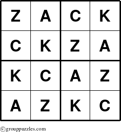 The grouppuzzles.com Answer grid for the Zack puzzle for 
