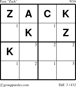 The grouppuzzles.com Easy Zack puzzle for  with the first 3 steps marked
