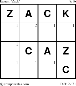 The grouppuzzles.com Easiest Zack puzzle for  with the first 2 steps marked