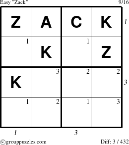 The grouppuzzles.com Easy Zack puzzle for  with all 3 steps marked