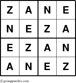 The grouppuzzles.com Answer grid for the Zane puzzle for 