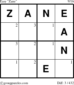The grouppuzzles.com Easy Zane puzzle for  with the first 3 steps marked