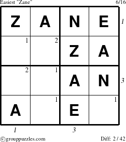 The grouppuzzles.com Easiest Zane puzzle for  with all 2 steps marked