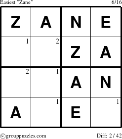 The grouppuzzles.com Easiest Zane puzzle for  with the first 2 steps marked