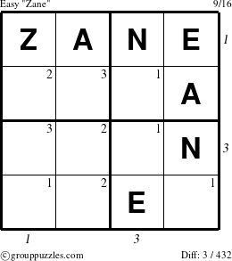 The grouppuzzles.com Easy Zane puzzle for  with all 3 steps marked