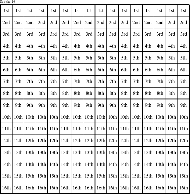Each row is a group numbered as shown in this Sudoku-16 figure.
