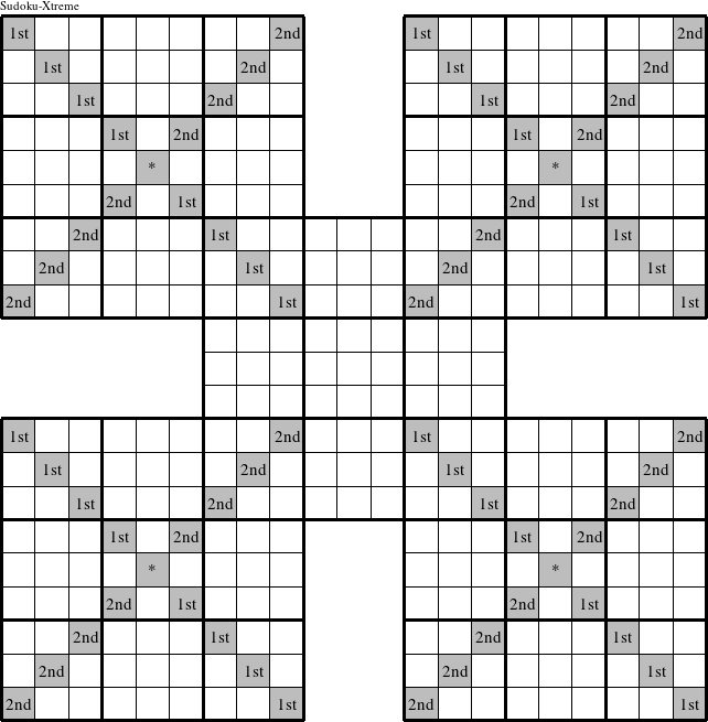 Each diagonal in the upper left, upper right, lower left, and lower right puzzles is a group numbered as shown in this Sudoku-Xtreme figure.