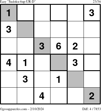 The grouppuzzles.com Easy Sudoku-6up-UR-D puzzle for Saturday February 10, 2024