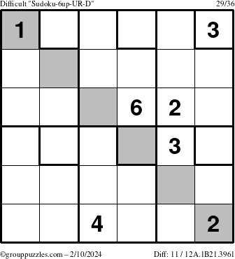 The grouppuzzles.com Difficult Sudoku-6up-UR-D puzzle for Saturday February 10, 2024