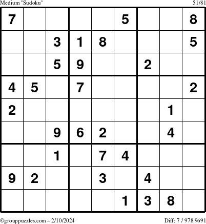 The grouppuzzles.com Medium Sudoku puzzle for Saturday February 10, 2024