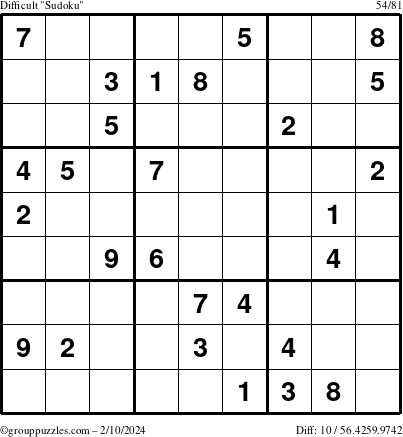 The grouppuzzles.com Difficult Sudoku puzzle for Saturday February 10, 2024