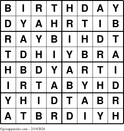The grouppuzzles.com Answer grid for the Birthday puzzle for Saturday February 10, 2024