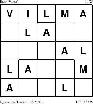 The grouppuzzles.com Easy Vilma puzzle for Thursday April 25, 2024