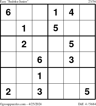 The grouppuzzles.com Easy Sudoku-Junior puzzle for Thursday April 25, 2024