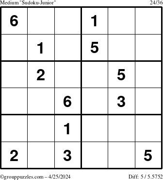 The grouppuzzles.com Medium Sudoku-Junior puzzle for Thursday April 25, 2024