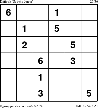 The grouppuzzles.com Difficult Sudoku-Junior puzzle for Thursday April 25, 2024