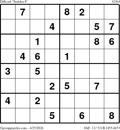 The grouppuzzles.com Difficult Sudoku-8 puzzle for Thursday April 25, 2024